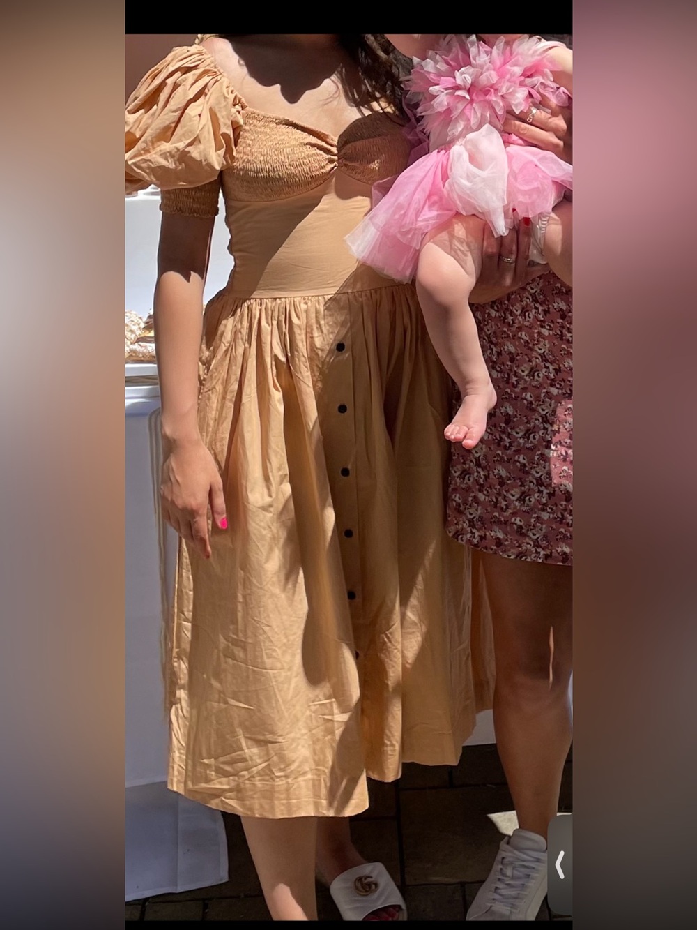 Smocked Bodice Puff-Sleeve A-Line Dress in Tan
